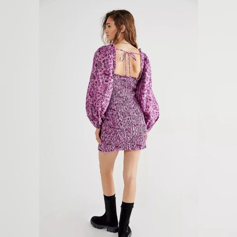 Free People Smock It To Me Shirred Mini Dress in Purple Multi Size Small